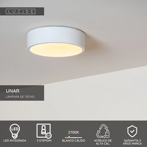 Lucide UNAR - Lámpara de techo - Ø 20 cm - LED 3 StepDim - 1x12W 2700K - Blanco - USP